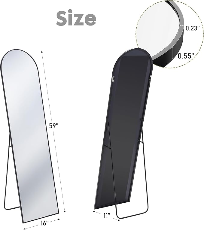 DUMOS 59"x16" Arched Full Length Mirror with Stand, Full Body Floor Mirror | Free Standing or Wall Mount, Nano Glass Aluminum Frame, Hanging or Leaning, Modern Simple Home Decor, Black