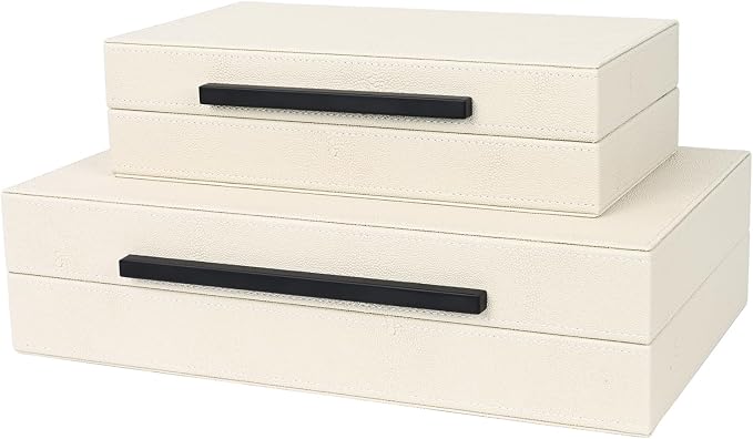 Beige Shagreen Decorative Storage Boxes – Set of 2 Faux Leather Jewelry & Memory Boxes with Black Metal Handles, Nesting Photo Organizers for Home Decor, Gift, and Office Organization