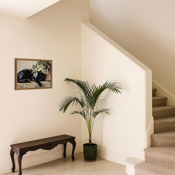 Framed Black Cat Canvas Wall Art, Vintage Sleeping Cat with Plant Picture Wall Decor Paintings, Cute Animal Poster Prints Rustic Aesthetic Home Decor for Living room Bedroom Bathroom 12x16 inch