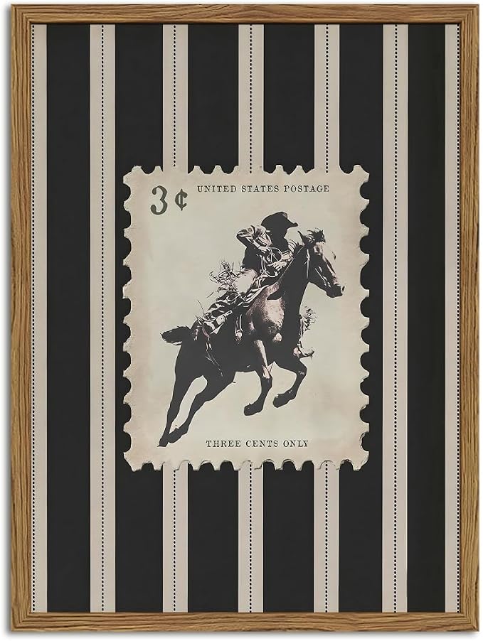 Vintage Western Cowboy Wall Art Black and White Striped Cowboy Riding Horse Wall Decor Paintings Mid Century Rodeo Southwestern Poster Canvas Print for Bedroom Living Room 12x16 inch Wood Framed