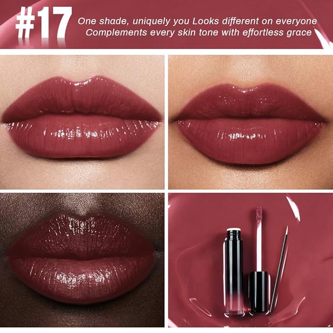 evpct Mauve Red Shiny Glossy Longwear No-Budge Liquid Lip Color Lipstick Makeup, Highly Pigmented Color Instant Shine, Waterproof Long Lasting Lipstick for Women, Lip Stain Gloss with Lip Liner Brush