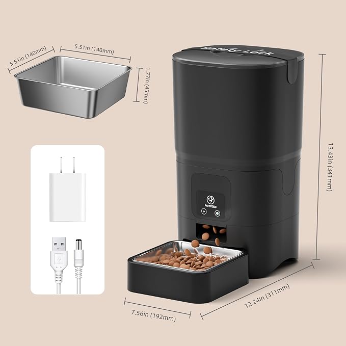 PAPIFEED Automatic Cat Feeder with App, 2.4G WiFi Cat Food Dispenser, 6L Timed Cat Feeder for Dry Food, 10 Meals/Day, 12 Portions/Meal, Dual Power Supply Smart Pet Feeder for Small Dog, Black