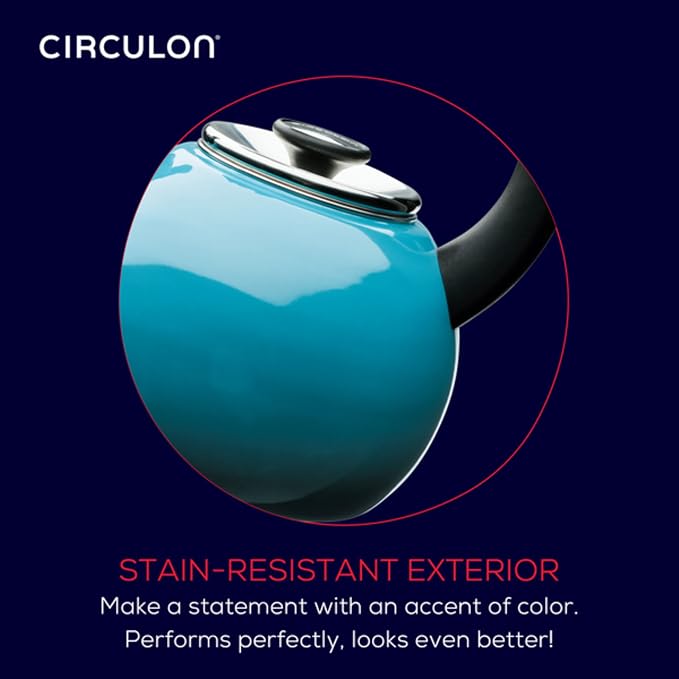 Circulon Enamel on Steel Whistling Induction Teakettle, Tea Kettle for Stovetop with Flip-Up Spout, 2-Quart, Turquoise