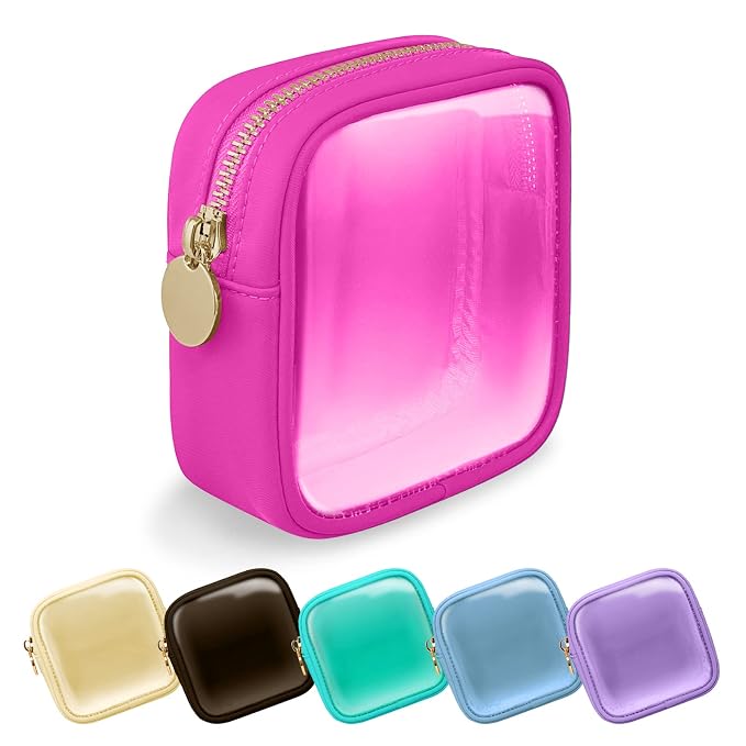UIXIZQ Clear Mini Makeup Bag, Small Nylon&PVC Cosmetic Travel Bag TSA Approved Toiletry Bag with Zipper, Preppy Transparent Coin Purse for Women Men Girls(Mini-Hot Pink)