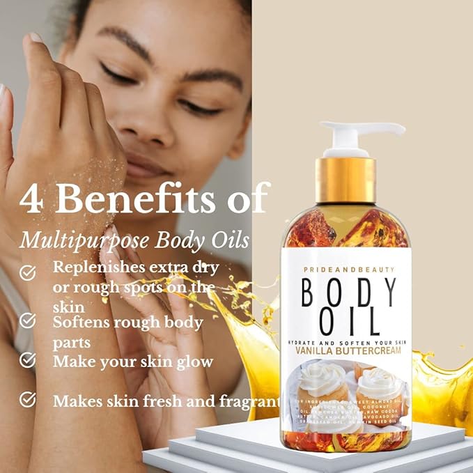 PrideandBeauty After Shower Oil. Skin Hydrating Oil. Body Oil Scented. Body Oils For Women Dry Skin. (Vanilla Buttercream)