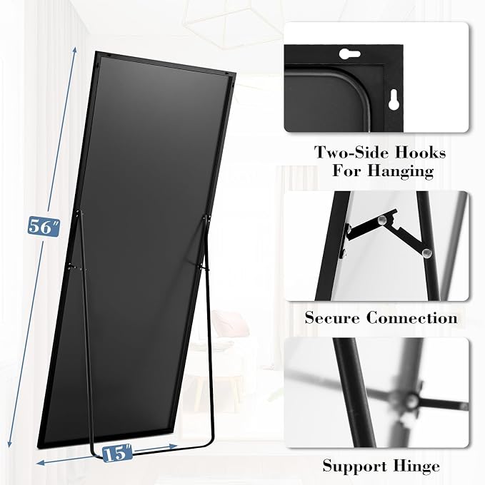 DUMOS 56"x15" Full Length Mirror with Stand, Full Body Floor Mirror | Free Standing or Wall Mount, Nano Glass Aluminum Frame, Hanging or Leaning, Modern Simple Home Decor, Black
