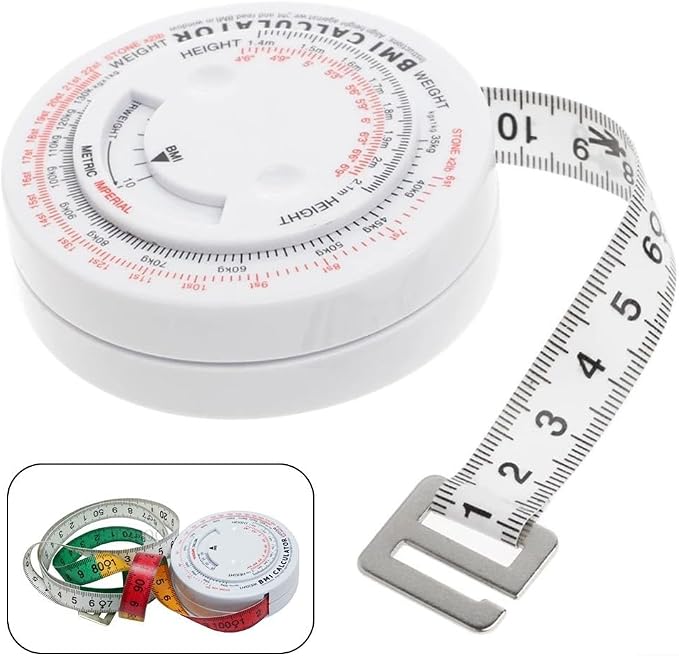 BMI Body Mass Index Retractable Tape Measure 150cm/59in, Push-Button Locking Diet Tool for Waist Hip Chest Thigh Calorie Tracking, White