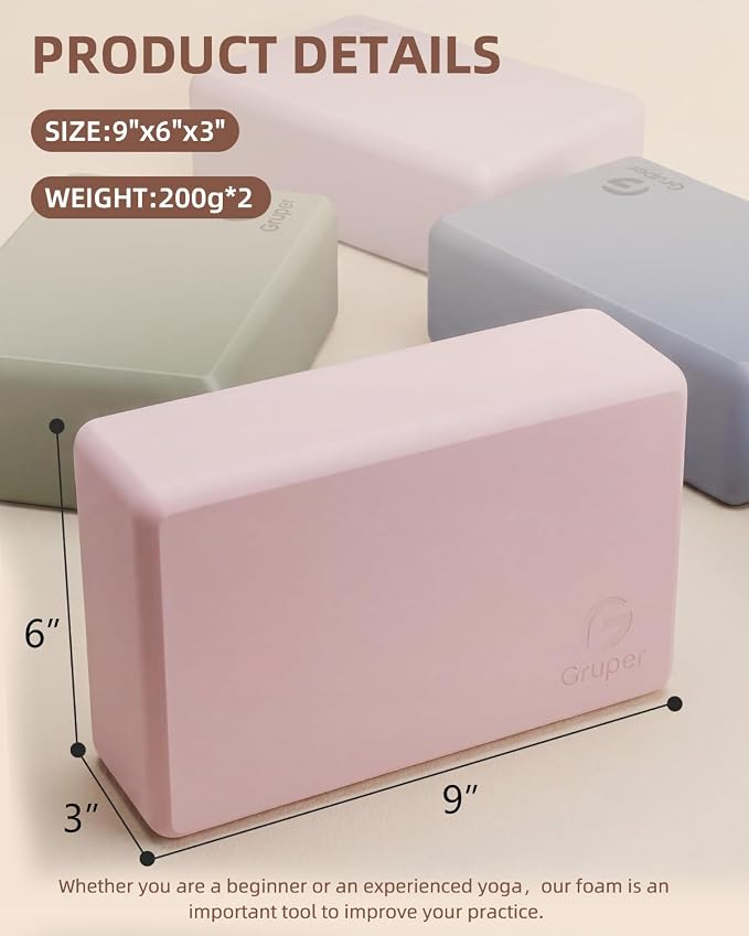 Gruper Yoga Blocks 2 Pack, 9"x6"x3" Exercise Blocks High-Density EVA Foam Blocks with Soft Non-Slip Surface, Lightweight Yoga Props for Yoga Pilates Meditation & Stretching