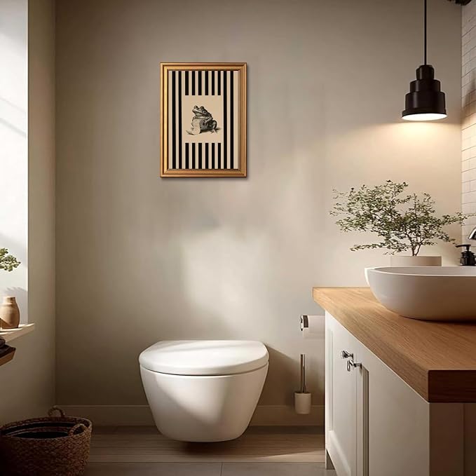Funny Bathroom Gold Framed Wall Art Vintage Whimsical Frog Wall Decor Art | Black Beige Striped Picture Canvas Art Retro Animal Small Framed Prints Artwork For Vanity Shelf Restroom Toilet Powder Room