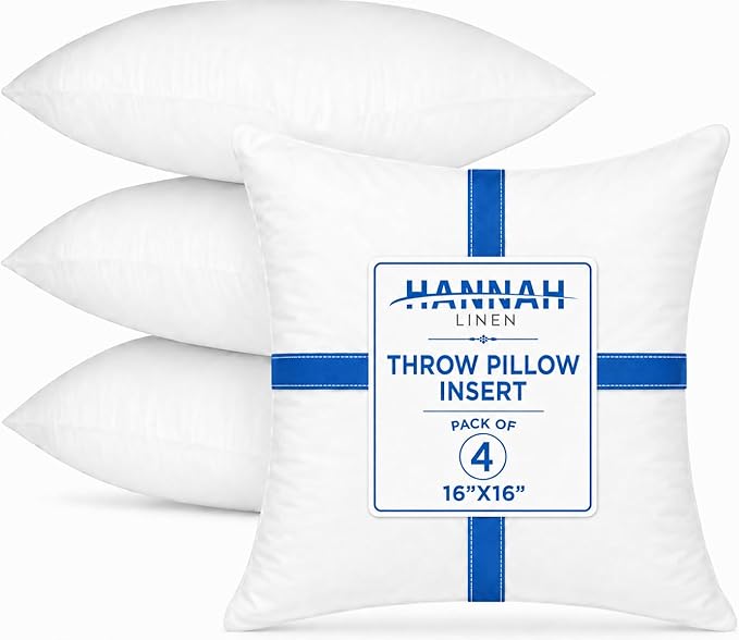 Hannah Linen Throw Pillow Inserts 16x16 – 4 Pack Square Decorative Cushion | Decorative Cushion Stuffers for Couch, Sofa & Bed – Soft Fluffy Polyester Filled Pillow Inserts for Indoor Home Décor