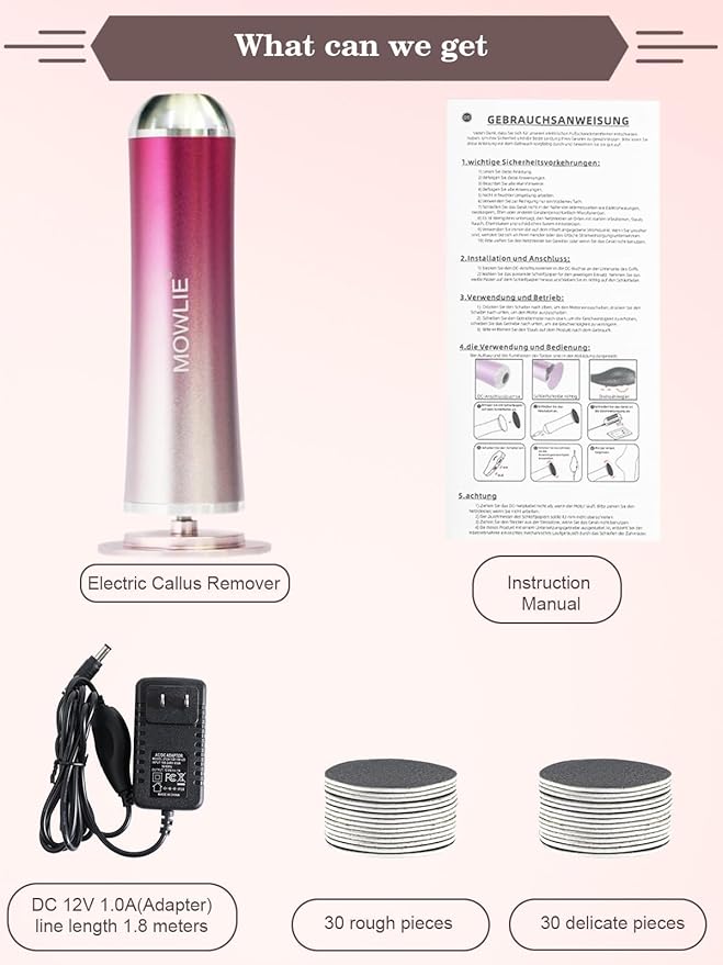 MOWLIE Electric Foot Callus Remover,Foot Scrubber & Callus Remover for Feet Foot Spa Pedicure Tool with 60 Grinding Discs Professional Electric Foot File Ideal (Light Pink)
