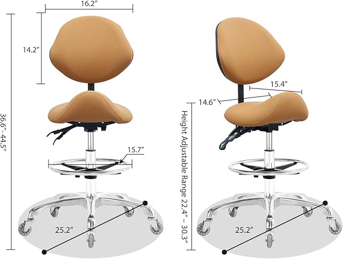 Saddle Stool Chair with Back Support Footrest, Heavy-Duty(350LBS), Hydraulic Rolling Swivel Adjustable Stool Chair for Salon Spa Beauty Massage Dental Clinic Home Office Use(Camel)