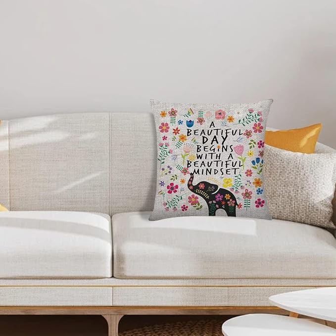 Littlefa Elephant Throw Pillow Cover Motivational Decorative Pillow Case | A Beautiful Day Begins with A Beautiful Mindset, Elephant Colorful Pillow Cover for Girls Counseling Office, 18×18 In