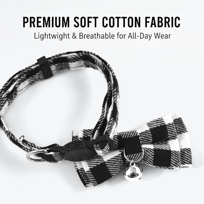 Plaid Breakaway Cat Collar with Bell & Removable Bow Tie – Cotton Kitten Collar with Bells for Boy Cats or Small Dogs. Adjustable Size 8-13.2in (Pink)