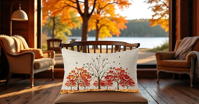 Autumn Throw Pillow Cover 12" x 20'' inches Linen Red Maple Leaves | Boho Pillow Covers Soft Family Home Gift Cushion Case Decorative