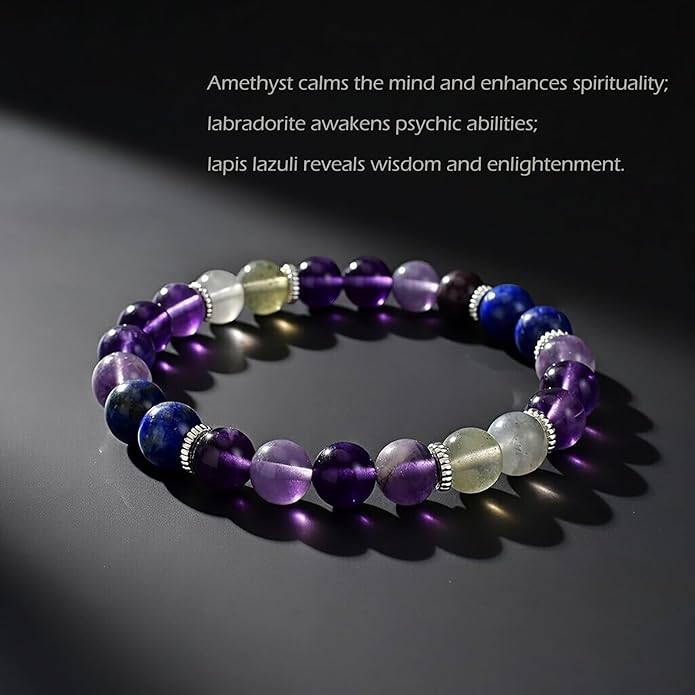 Stretch Bracelet for Spiritual Awakening Healing Crystal Gemstone Bracelet 8mm Natural Beaded Stone Bracelet with Appealing Representation Handmade Jewelry for Women Girl (Amethyst, Labradorite, Lapis Lazuli)