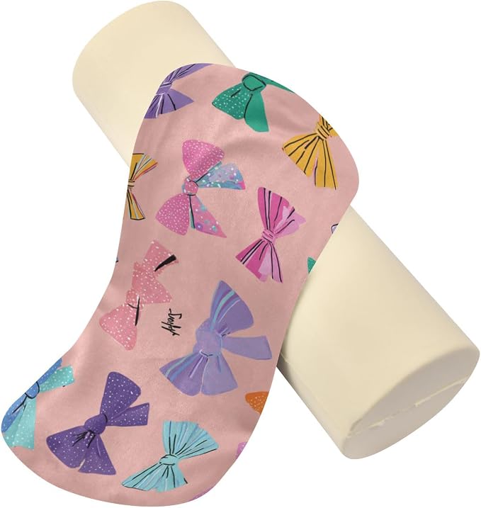 Colorful Pink Bows Neck Roll Pillow Bolster Round Health Memory Foam Long Cervical Cylinder Pillows with Removable Washable Cover for Body Bed Legs Back Yoga