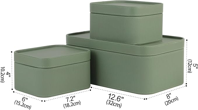 HofferRuffer Faux Leather Decorative Storage Boxes, Dust proof Storage Shelf Baskets with Lids Trays, Storage Bins Memory Box Organizer for Home, Office, Jewelry & More, Set of 3 (Green)