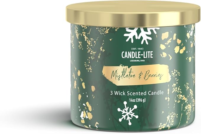 Candle-lite Holiday Scented Candles, Mistletoe & Berries Scent, 14 oz 3-Wick Jar Candle, Proudly Poured in USA, Christmas Home Decor Candle, 45 Hours of Burn Time, Holiday Gift for Men and Women