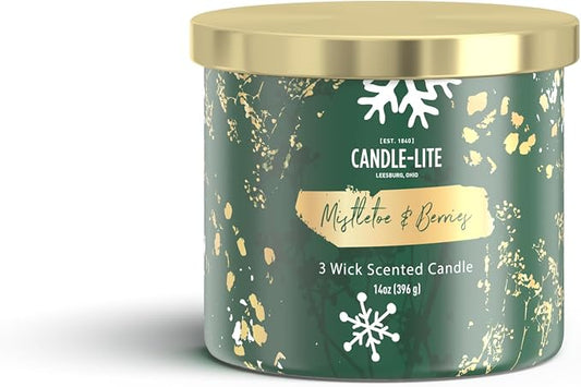 Candle-lite Holiday Scented Candles, Mistletoe & Berries Scent, 14 oz 3-Wick Jar Candle, Proudly Poured in USA, Christmas Home Decor Candle, 45 Hours of Burn Time, Holiday Gift for Men and Women