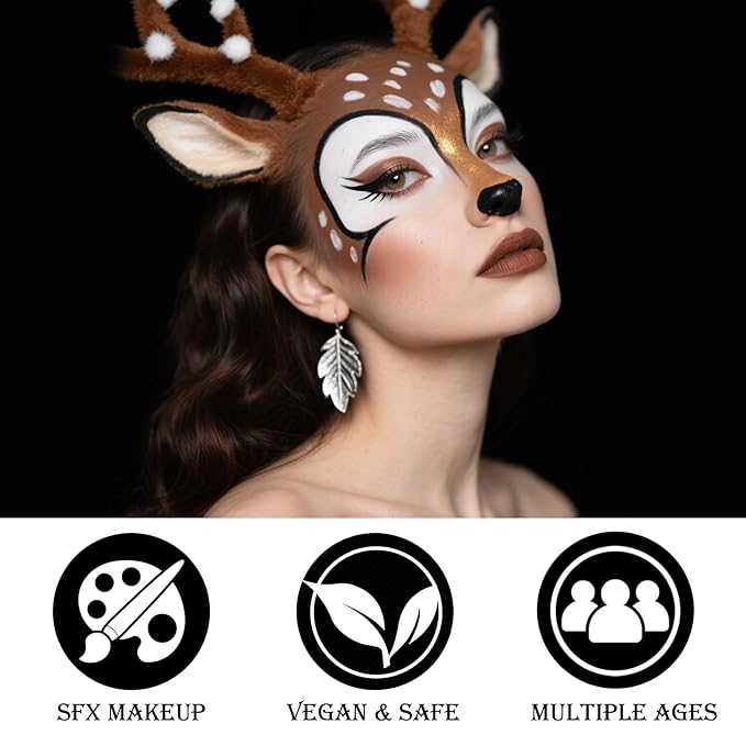 Black White Metallic Brown Face & Body Paint - Blendable Facepaint Foundation with Sponge & Brush for Skin, Professional Halloween Face Make-up Kit for Cat Deer Cheetah Leopard Tiger Lion Costume