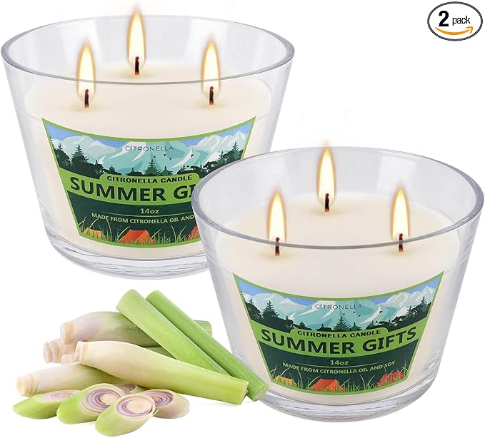 2 Pack 3-Wick Glass Cup Citronella Candles(14oz), Natural Soy Wax Clean Burning & Smokeless,citronella Scented Candle & Outdoor Candle,Camping Bar Counter Yard, Summer Gift.