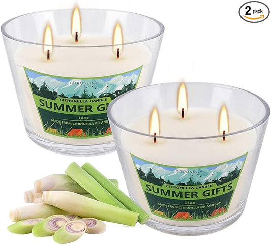 2 Pack 3-Wick Glass Cup Citronella Candles(14oz), Natural Soy Wax Clean Burning & Smokeless,citronella Scented Candle & Outdoor Candle,Camping Bar Counter Yard, Summer Gift.