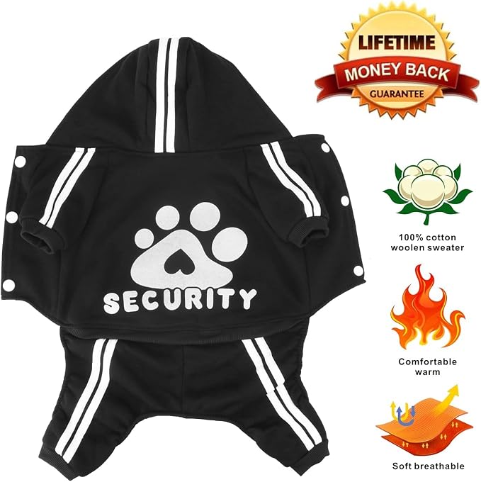 Dog Hoodie Security Clothes 4 Legs Jumpsuit Sweatshirt Hoodies Soft & Warm Dog Outfit Pullover Dog Winter Clothes Sweater for Small Medium Large Dogs Cats (Black, X-Large)