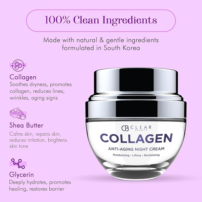 Clear Beauty Collagen Night Face Moisturizer - Dermatologist Tested, Reduces Wrinkles & Fine Lines, Hydrating, Anti-Aging Cream, Cruelty-Free Korean Skin Care, All Skin Types - 1.69 oz