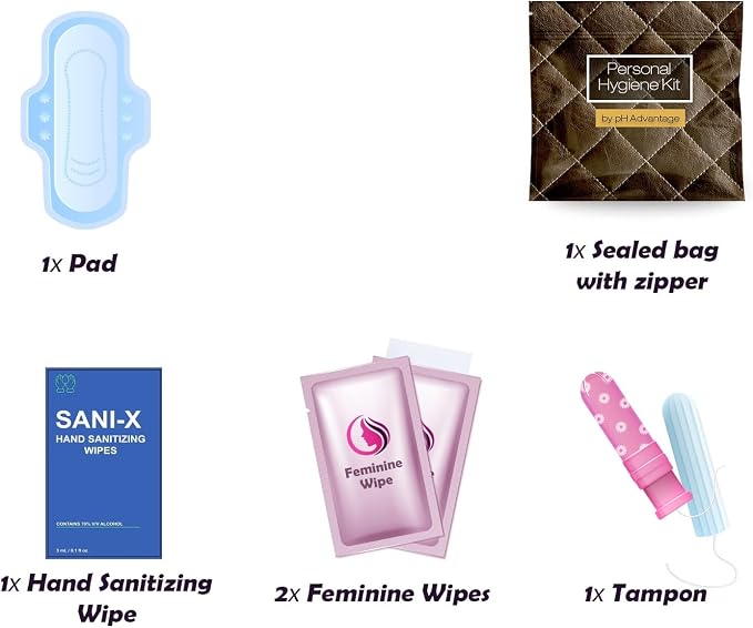 Menstrual Kit All-in-One | Convenience on The Go | Single Period Kit Pack for Travelling, Tweens & Teenagers or Emergency situations | Individually Wrapped Feminine Hygiene Products (Leather Dark)