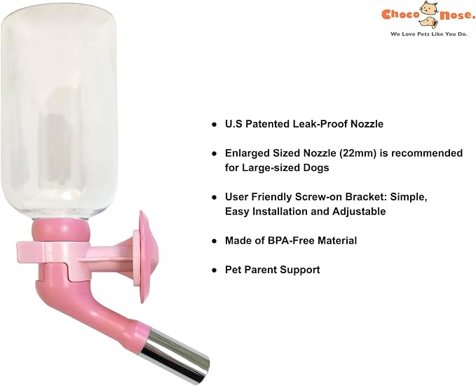 Choco Nose No-Drip Water Bottle for Large Dogs (Over 50 lb) – Leak-Proof Patented 22mm Nozzle Helps Prevent Mess & Spills, BPA Free Cage & Crate Mount Feeder for Kennels, 16.9 fl oz (C570)