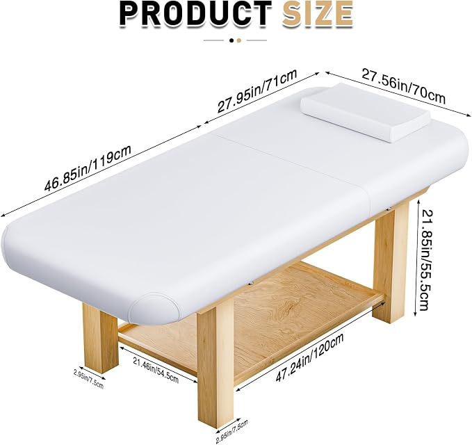 Heavy Duty Frame Professional Massage Table with Adjustable Backrest & Height Legs & Face Pillow, PU Leather, for Treatment, Physical Therapy, Spa Facial Professional Massage (Wood, White)
