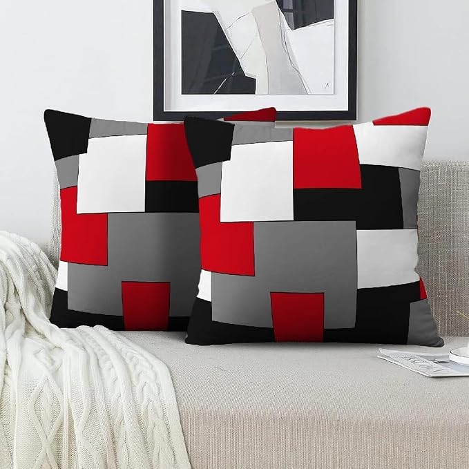 Modern Art Geometric Pillow Cover, Decorative Throw Pillow Covers Red Black Grey Abstract Artwork Cushion Cover for Bedroom Sofa Living Room 16 x 16 Inch Set of 2