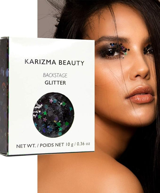 KARIZMA Backstage Black Glitter. 10g Chunky Face, Hair, Eye and Body for Women. Rave, Festival Accessories, Cosmetic Makeup.