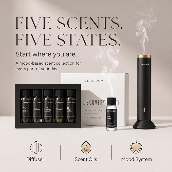 JustBloom Hotel Diffuser Oil Set, 5 Scents, 5 x 20 mL | Five hotel-inspired fragrance oil blends for waterless and cold-air diffusers, designed for home, office and all-season use.