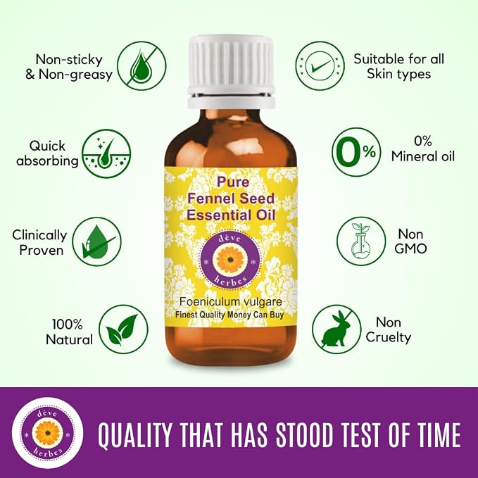 Deve Herbes Pure Fennel Seed Essential Oil (Foeniculum vulgare) Steam Distilled 100ml (3.38 oz)