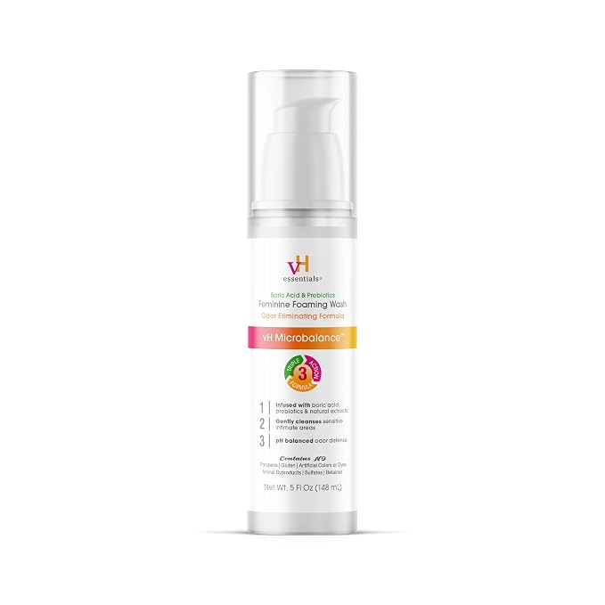 vH Essentials Feminine Foaming Wash with Boric Acid and Prebiotics, Odor Eliminating pH-Balanced Daily Cleanser with Lavender and Chamomile, 5 fl oz