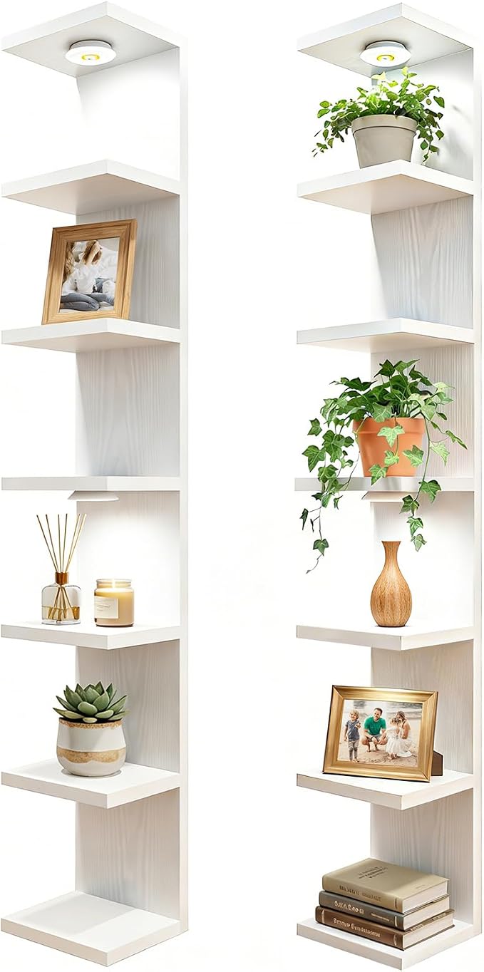 Fixwal 7 Tier Wall Shelf with LED Lights for Room Deocr (White, 2 Pack) | 76.8in Tall, Holds 44Lbs Total, Flexible Section Installation, Fits Any Room Decor
