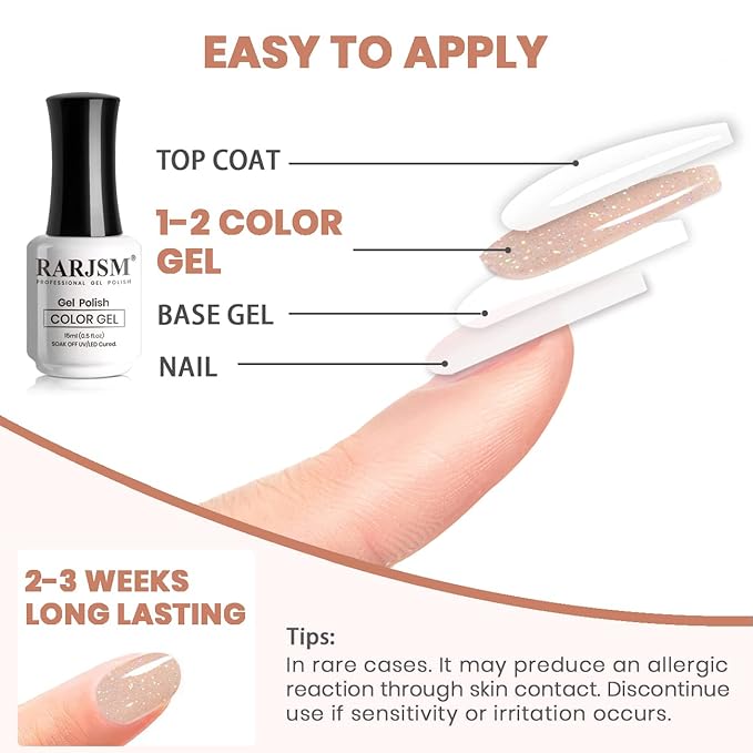 RARJSM Nude Gel Polish Peach Pink Rainbow Glitter Neutral Jelly Color Iridescent Shimmery Gel Nail Polish Sparkle Pink Natural Soak off UV LED Cured for Home Salon DIY Nail Art 15ml Single Bottle