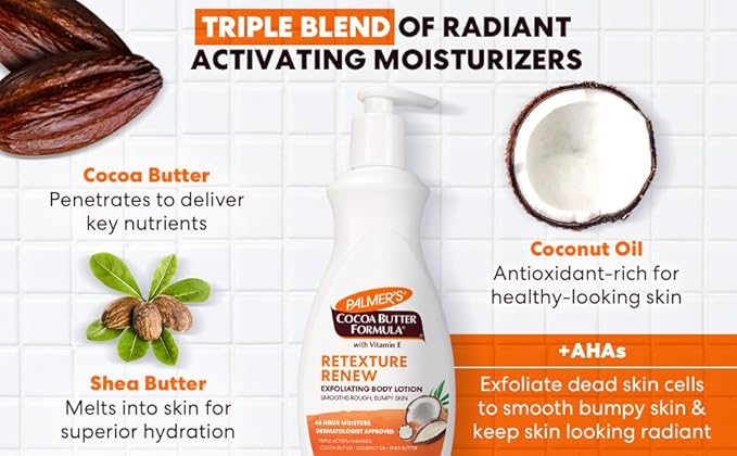 Palmer's Cocoa Butter Formula Retexture & Renew Exfoliating Body Lotion for Rough & Bumpy Skin, Triple Action Moisturizers + AHAs, Pump Bottle, 13.5 Ounce