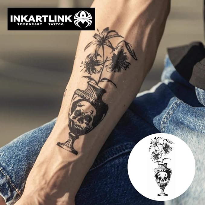 INKARTLINK Semi Permanent Tattoo, Temporary Tattoo, Beautiful and Realistic Design, Fun Tattoo Experience, Cruelty-free, Non-reflective, Waterproof (Skull Vase)