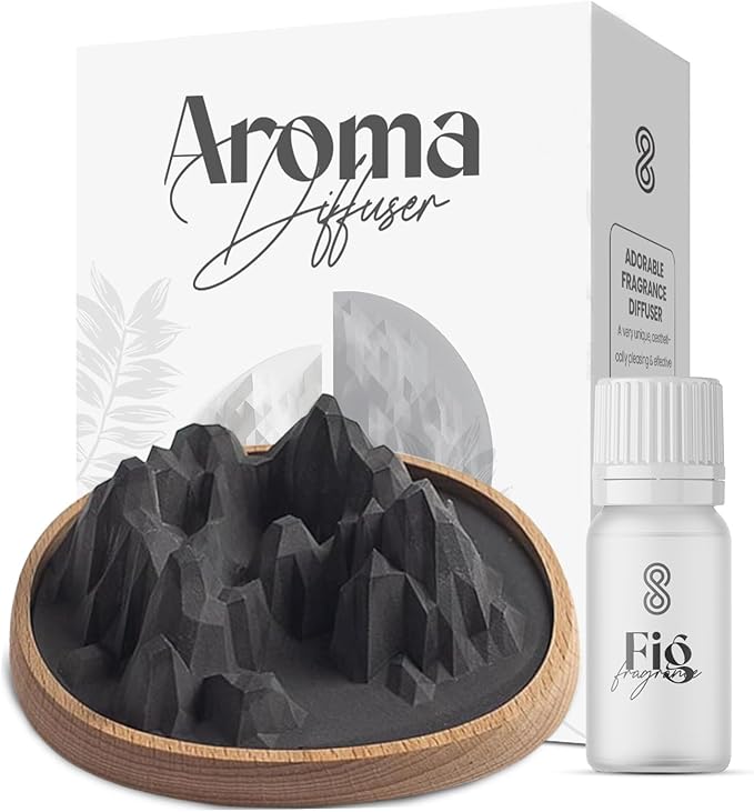 Aroma Diffuser Diatomite Mountain Stone with Wooden Stand Essential Oil Diffuser with Aromatherapy Fig Fragrance Oil Diffusers for Home, Room Decor | 10 ML (Diatomite Mountain Aroma Stone (Black))