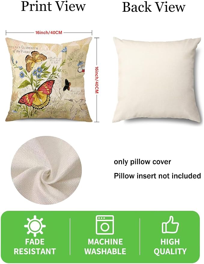 wyooxoo Farmhouse Pillow Covers 16x16 Set of 4 Spring Summer Throw Pillow Covers Linen Flower Butterfly Bird Decorative Pillowcases for Sofa Couch Living Room Outdoor
