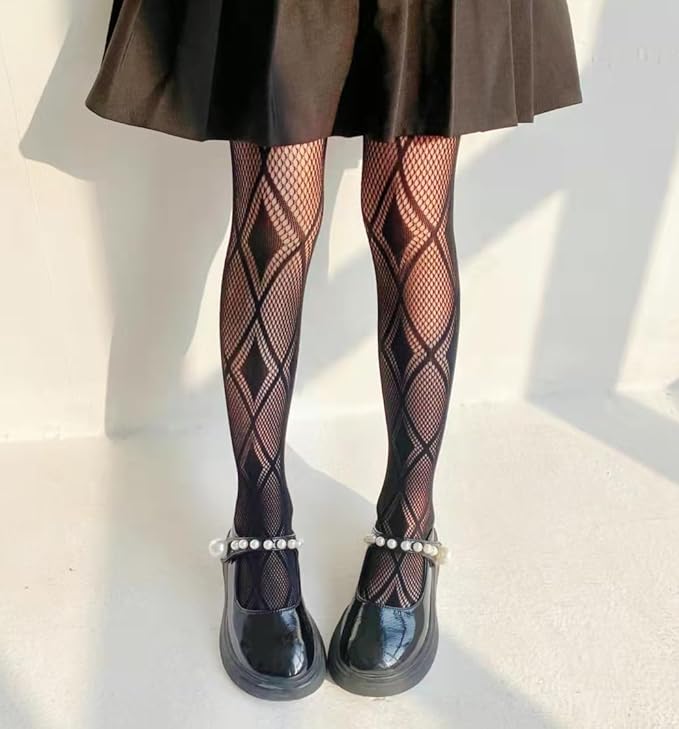 Girls Fishnet Stockings for Princess Dress High Waist Mesh Tights Cute Pattern Knit Socks