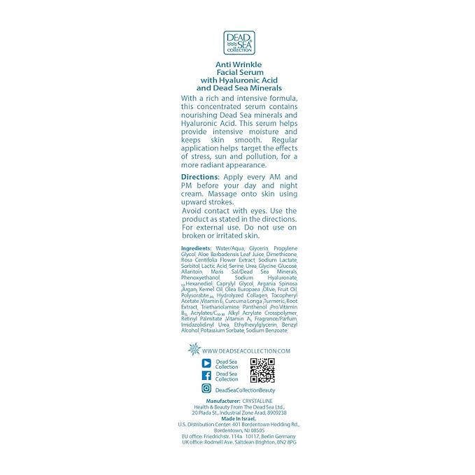 Dead Sea Collection Serum for Face with 5% Hyaluronic Acid, Dead Sea Minerals, and Vitamin E – Anti Aging Nourishing Skin Care Moisturizer to Reduce Wrinkles (1.01 fl. oz)