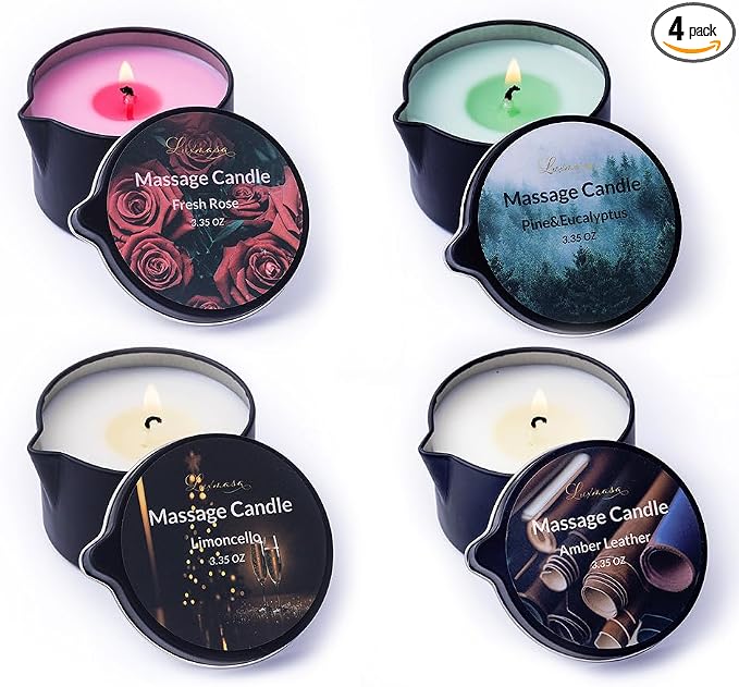 Massage Candle 4 Pack for Body Care,Low Temp Scented Soybean Wax Candle Melts into Warming Massage Oil for Skin Treatment-13.4 OZ (Scents-Pine & Eucalyptus, Fresh Rose, Limoncello,Amber Leather)