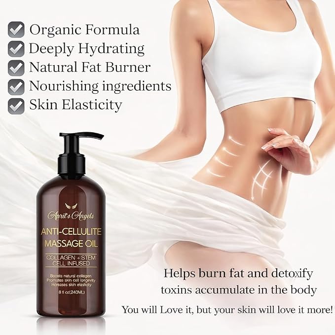 April's Angels Anti-Cellulite Massage Oil with Collagen & Stem Cell Infused. Skin Elasticity, Firmness, Deep Hydration. 8 fl oz