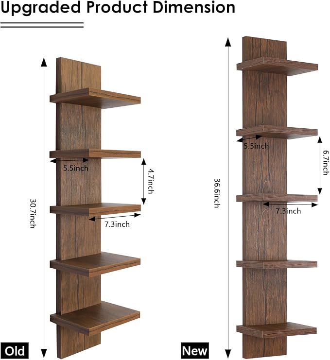 5 Tier Wall Shelf Unit, Decorative Wall Mount Vertical Shelving,Modern Floating Shelves for Bedrooms, Bathrooms,Entryway and Living Room (Rustic Brown)