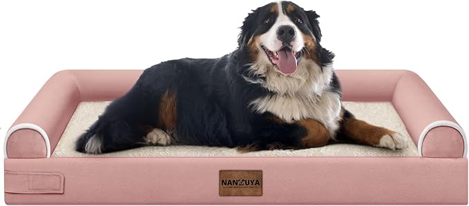 Orthopedic Dog Bed for Jumbo Dogs, 53 x 42 Inch, Pink | Egg crate foam for joint support, 3-sided bolster pet sofa, waterproof lining, washable cover, and non-skid base