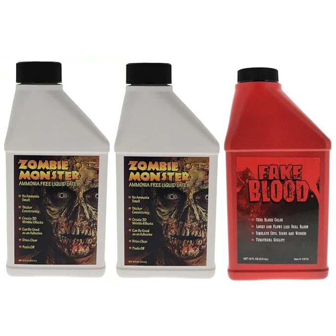 FX Zombie Ammonia Free Liquid Latex 2 Pack + Fake Blood for Halloween Vampire, Monster, Zombie Makeup and Dress up, Ideal for Art, Theater, Stage Blood